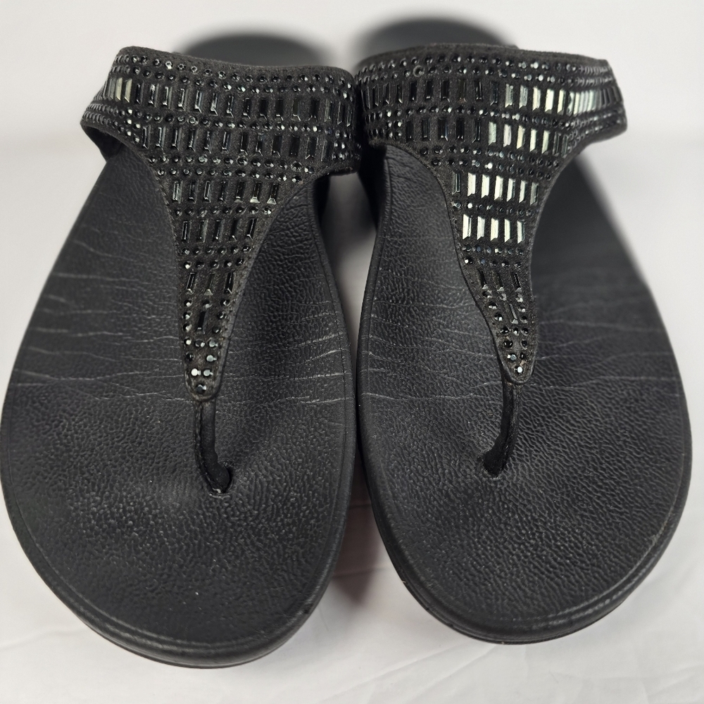 FitFlop Erogonomic Black LULU Y2K style Crystal Toe-Post Sandals Size 8